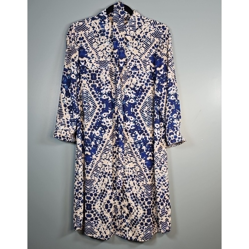 Cabi Blue Jewel Print Button Up Shirt Dress Style #422 Roll Tab Sleeve Size M